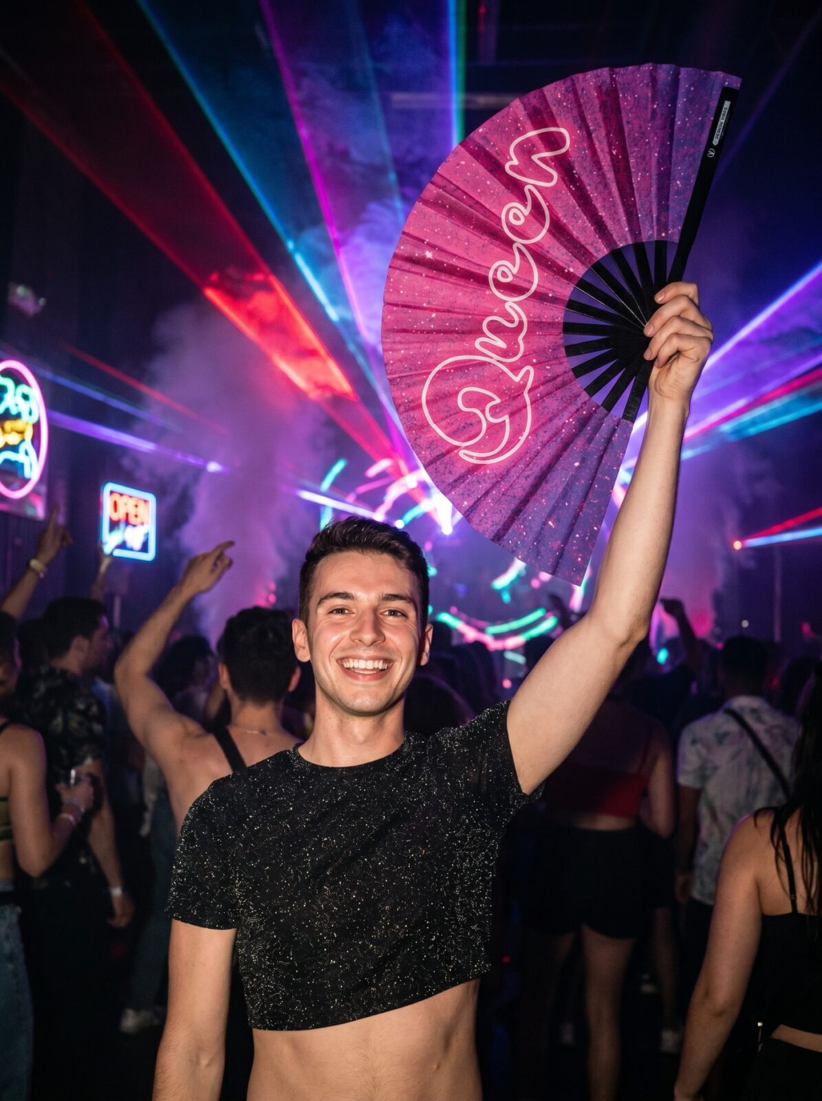 Festival Fan “Queen” roze-paars galaxy glitter – Rave & CSD – Weergave 2