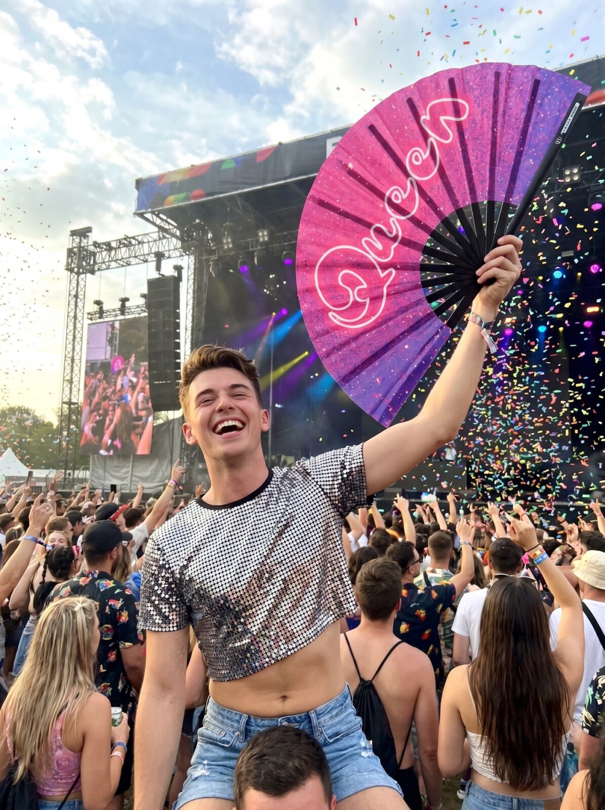 Festival Fan “Queen” roze-paars galaxy glitter – Rave & CSD – Weergave 4