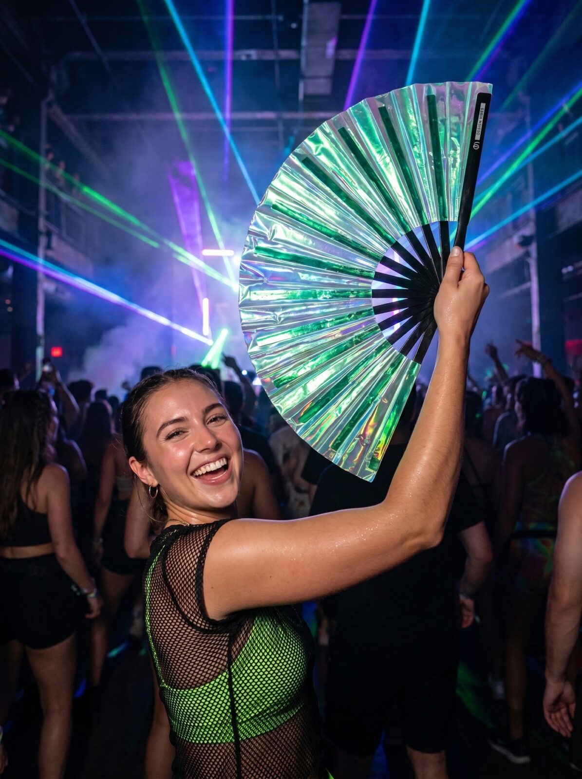 Festival Fan holografisch groen – iriserende accessoire voor Rave – Weergave 2