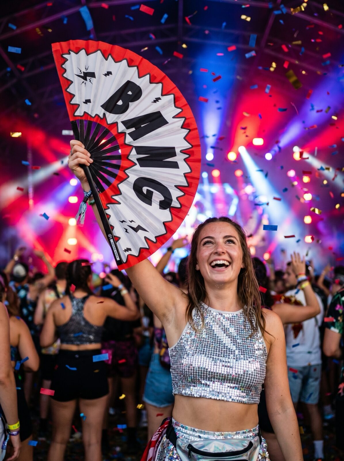 Festival Fan “BANG” comic in rood en wit – Rave & party accessoire – Weergave 4