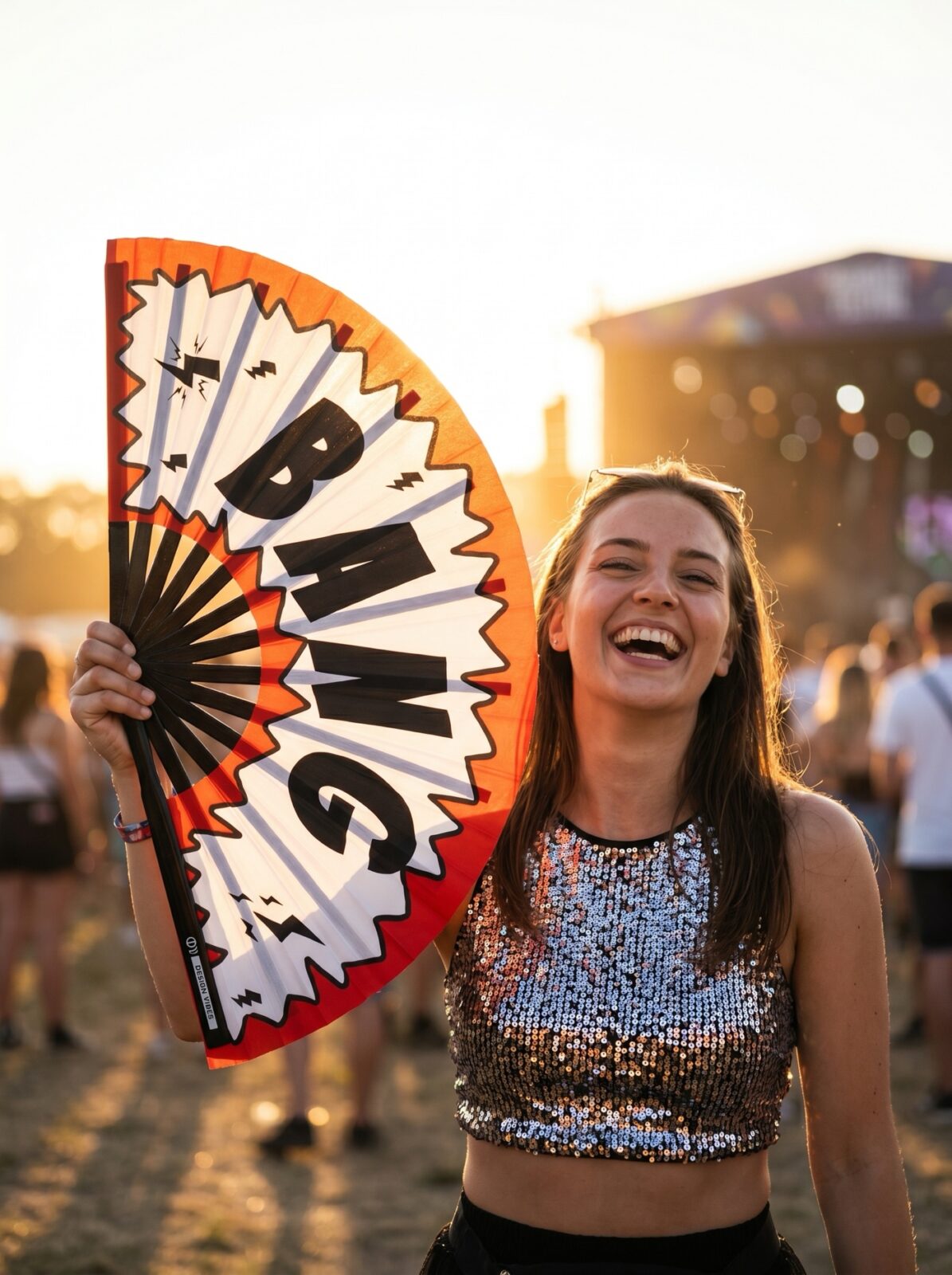 Festival Fan “BANG” comic in rood en wit – Rave & party accessoire – Weergave 3
