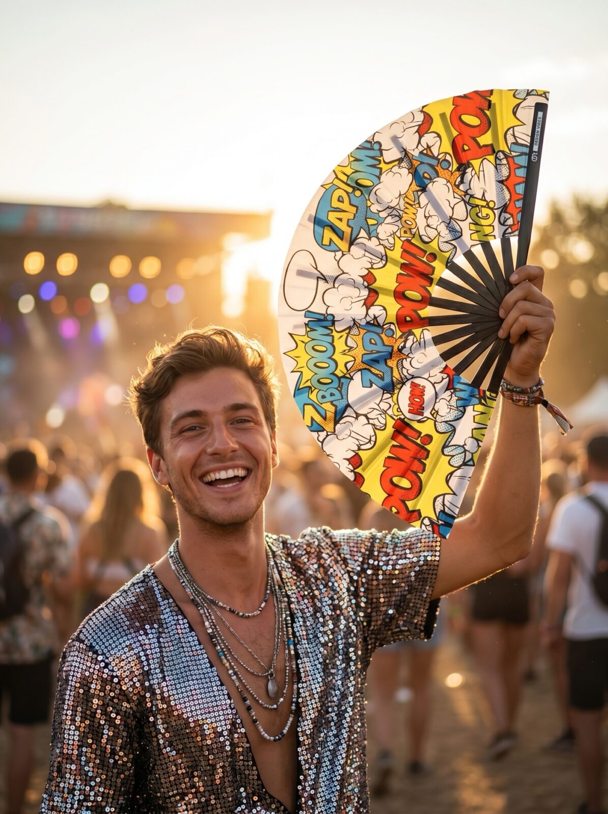 Festival Fan “ZAP BOOM POW” gele comic – Rave & Party – Weergave 3