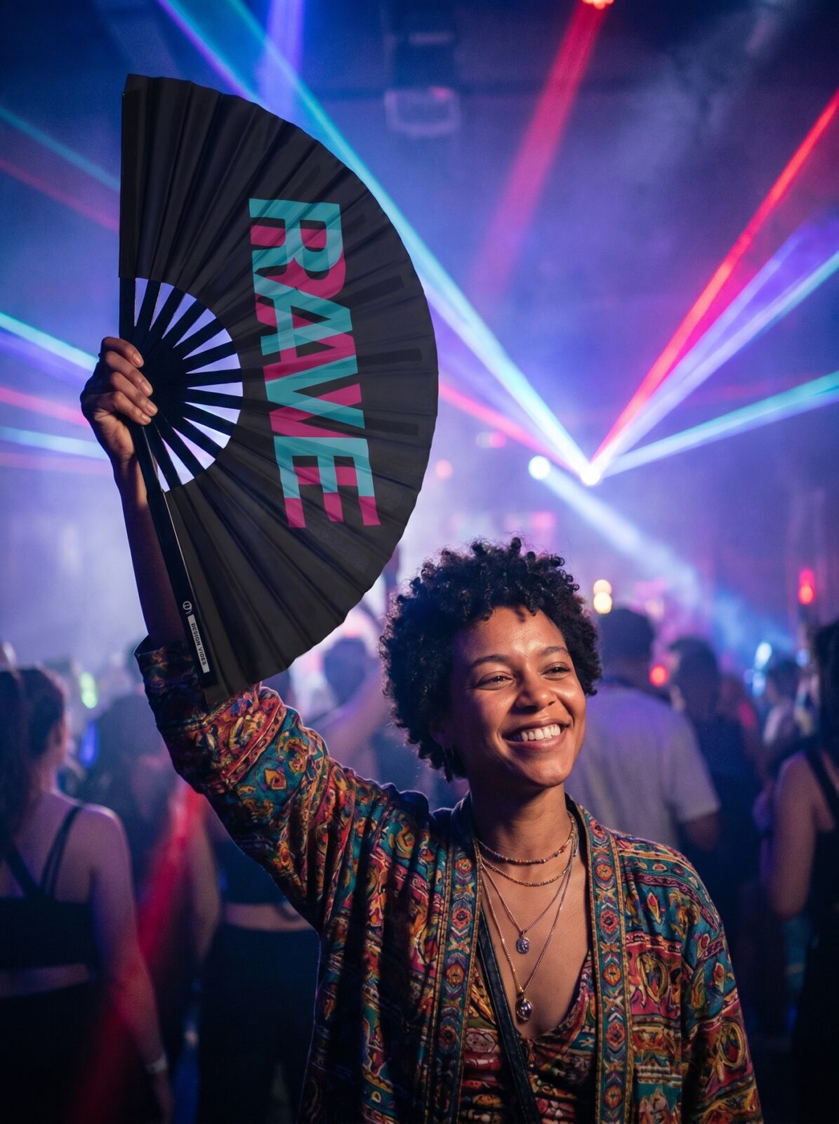 Festival Fan “Rave” zwart teal-roze – techno & rave accessoire – Weergave 2
