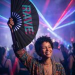Festival Fan “Rave” zwart teal-roze – techno & rave accessoire – Weergave 2