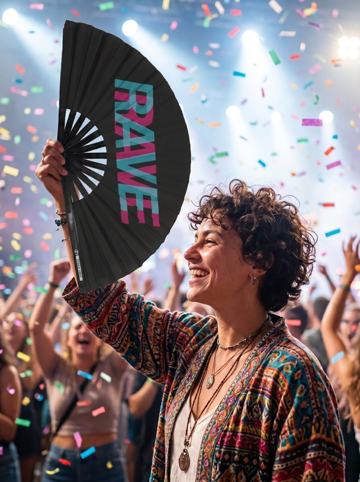 Festival Fan “Rave” zwart teal-roze – techno & rave accessoire – Weergave 4