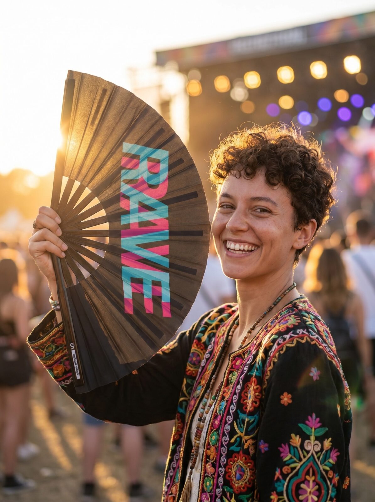 Festival Fan “Rave” zwart teal-roze – techno & rave accessoire – Weergave 3