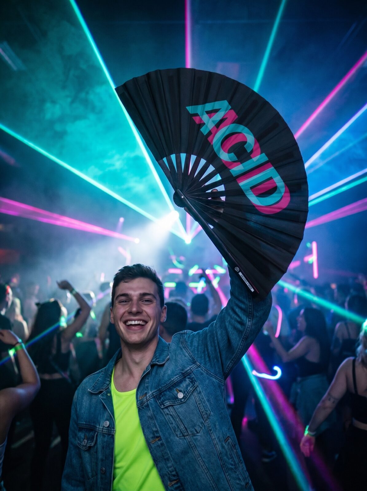 Festival Fan “ACID” zwart teal-roze – Techno & Rave accessoire – Weergave 2