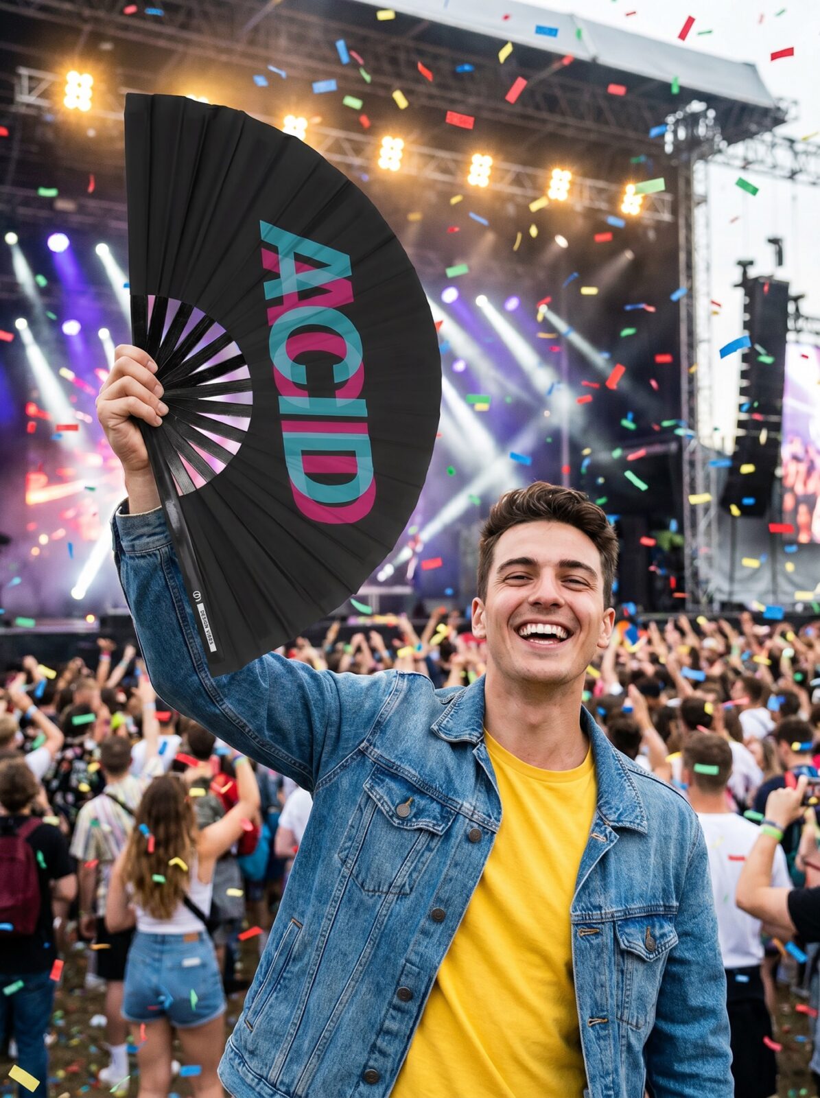 Festival Fan “ACID” zwart teal-roze – Techno & Rave accessoire – Weergave 4