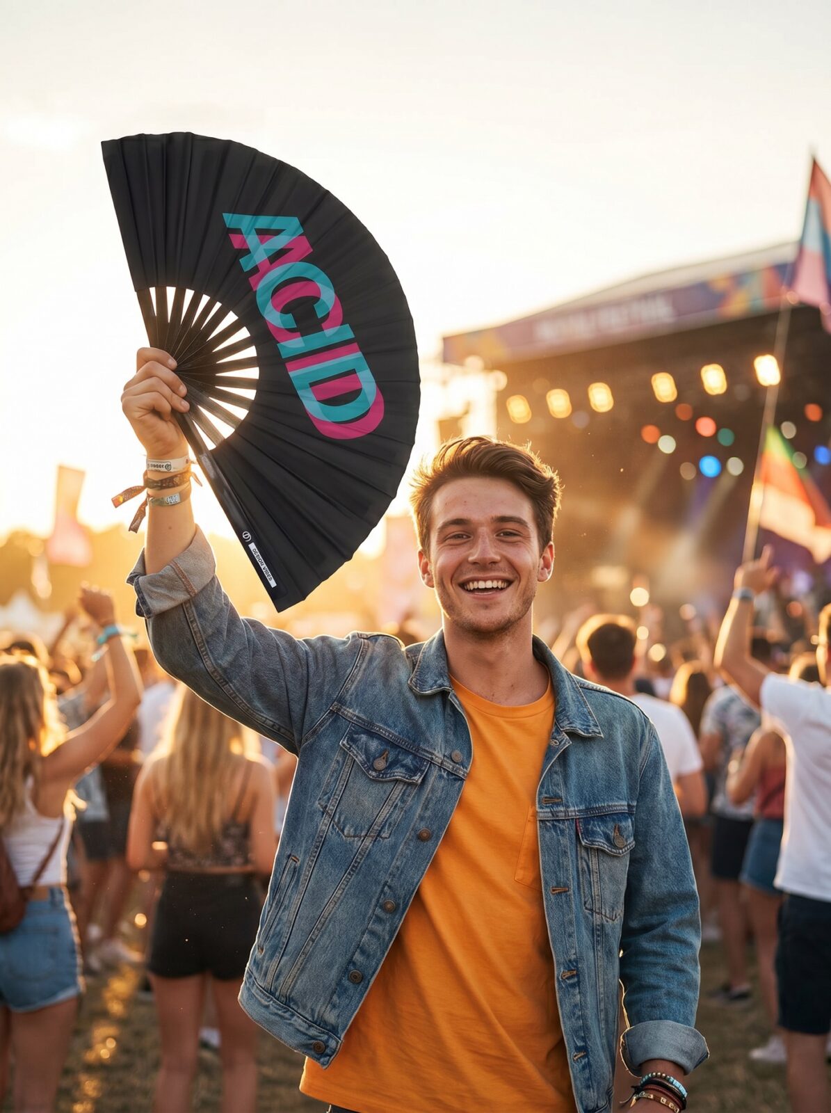 Festival Fan “ACID” zwart teal-roze – Techno & Rave accessoire – Weergave 3