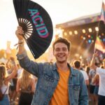 Festival Fan “ACID” zwart teal-roze – Techno & Rave accessoire – Weergave 3