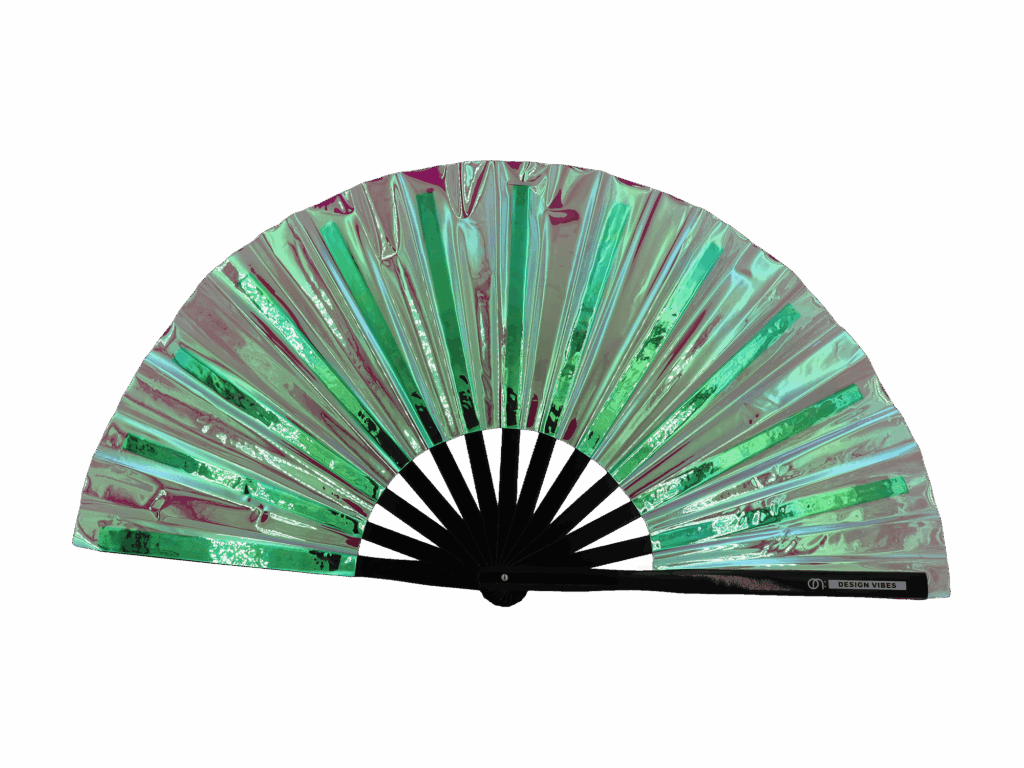 Iriserende Festival Fan in holografisch groen, rave-accessoire dat het podiumlicht weerkaatst