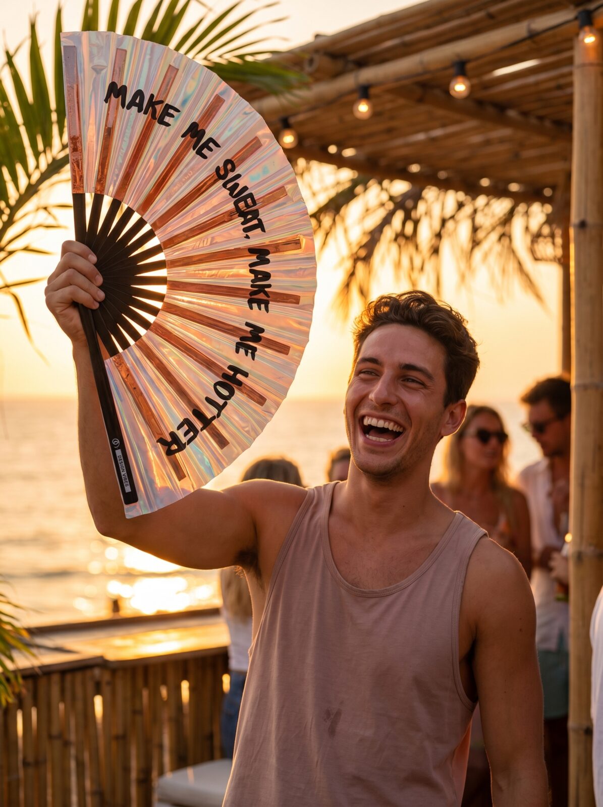 Festival Fan “MAKE ME SWEAT” holografisch rosé goud – Rave – Weergave 6