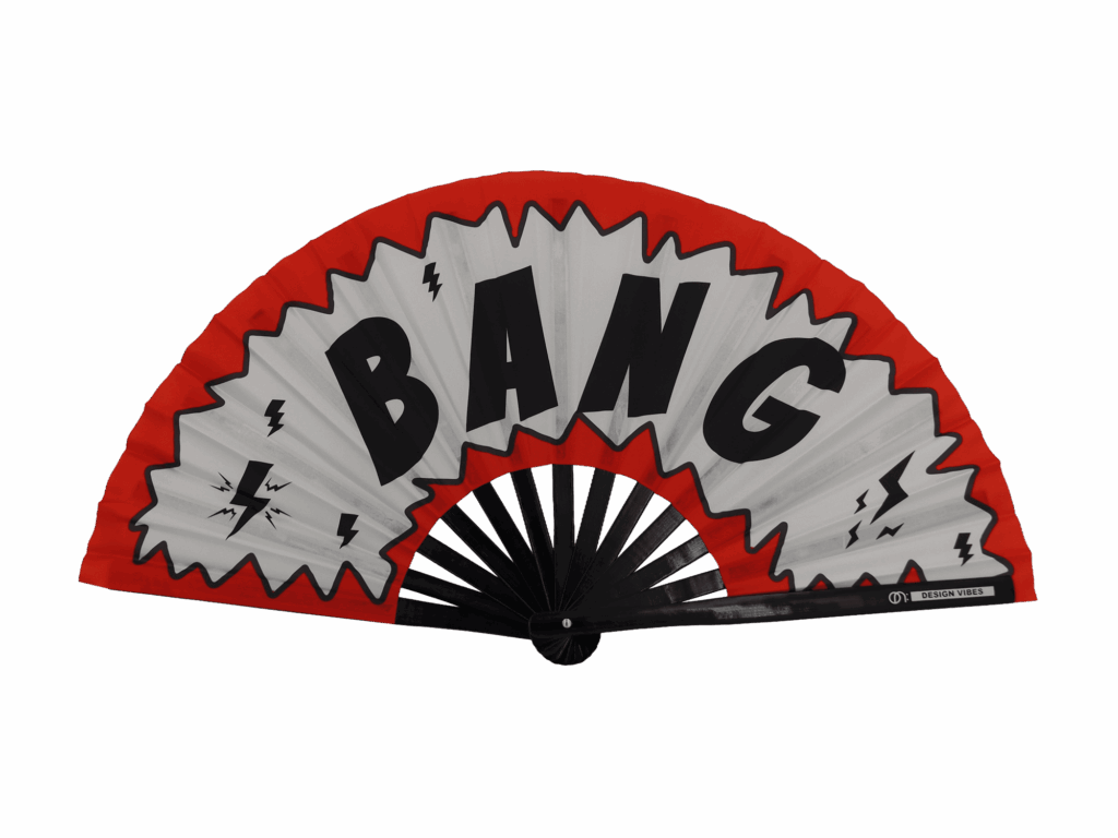 Festival Fan BANG in comicstijl, rood-wit, als rave-accessoire voor het hele weekend