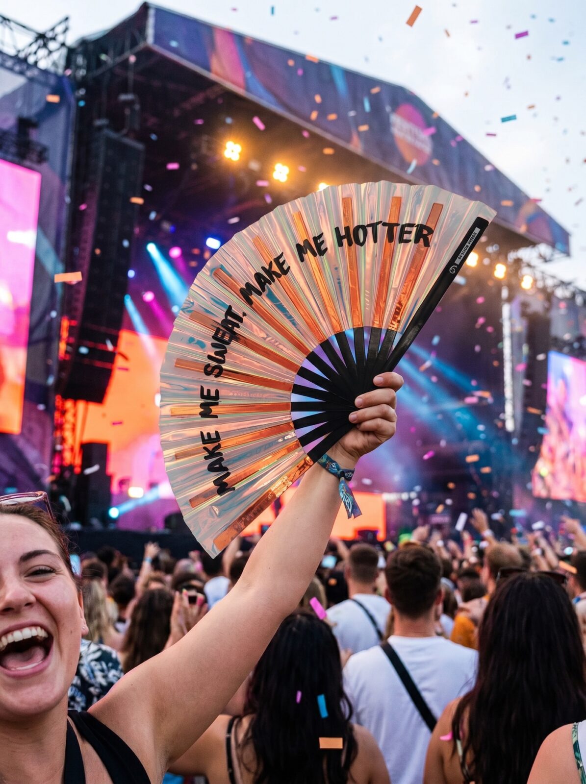 Festival Fan “MAKE ME SWEAT” holografisch rosé goud – Rave – Weergave 4