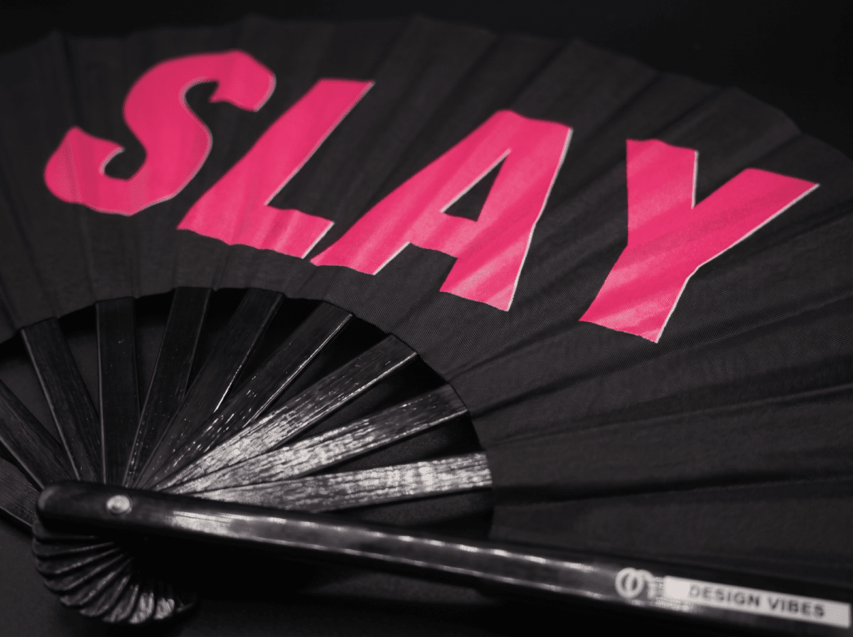 Festival Fan „SLAY” in zwart/roze, CSD- & Rave-accessoire, Weergave 6