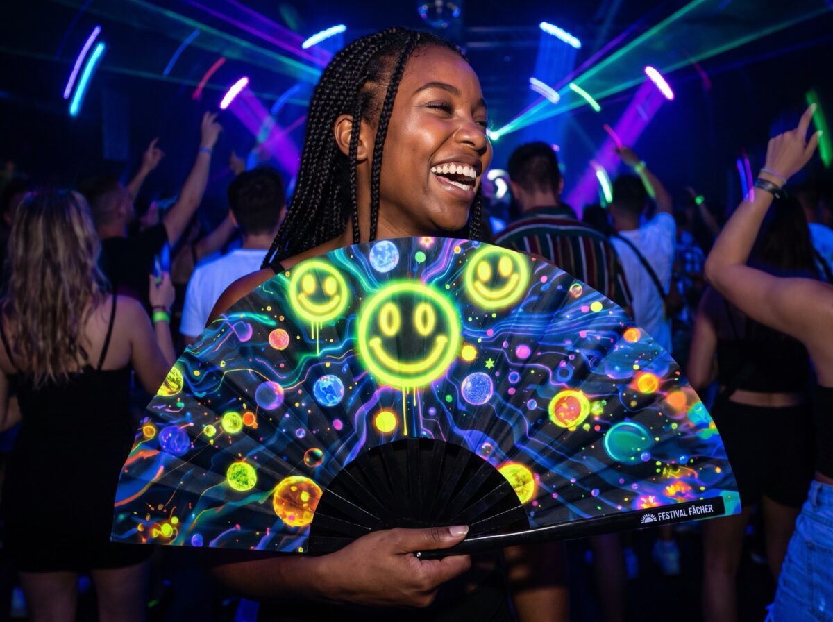 Festival Fans met neon-acid-smileys in het zwart voor Techno & Rave, Weergave 2