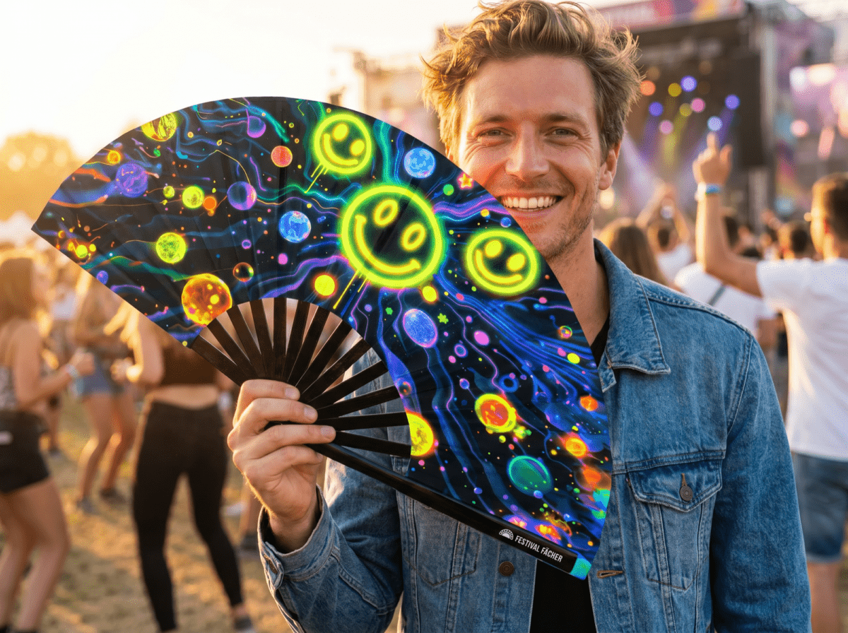 Festival Fans met neon-acid-smileys in het zwart voor Techno & Rave, Weergave 3