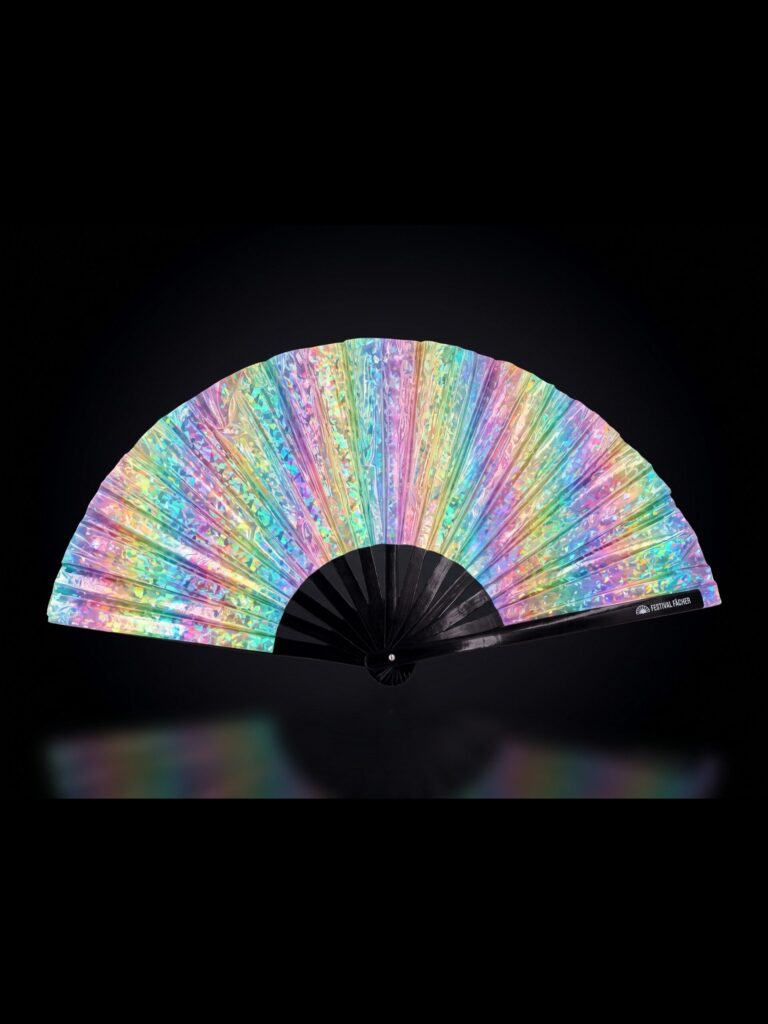 Festival Fans Holo Kristal Pastel voor raves en festivals, helemaal opengeklapt