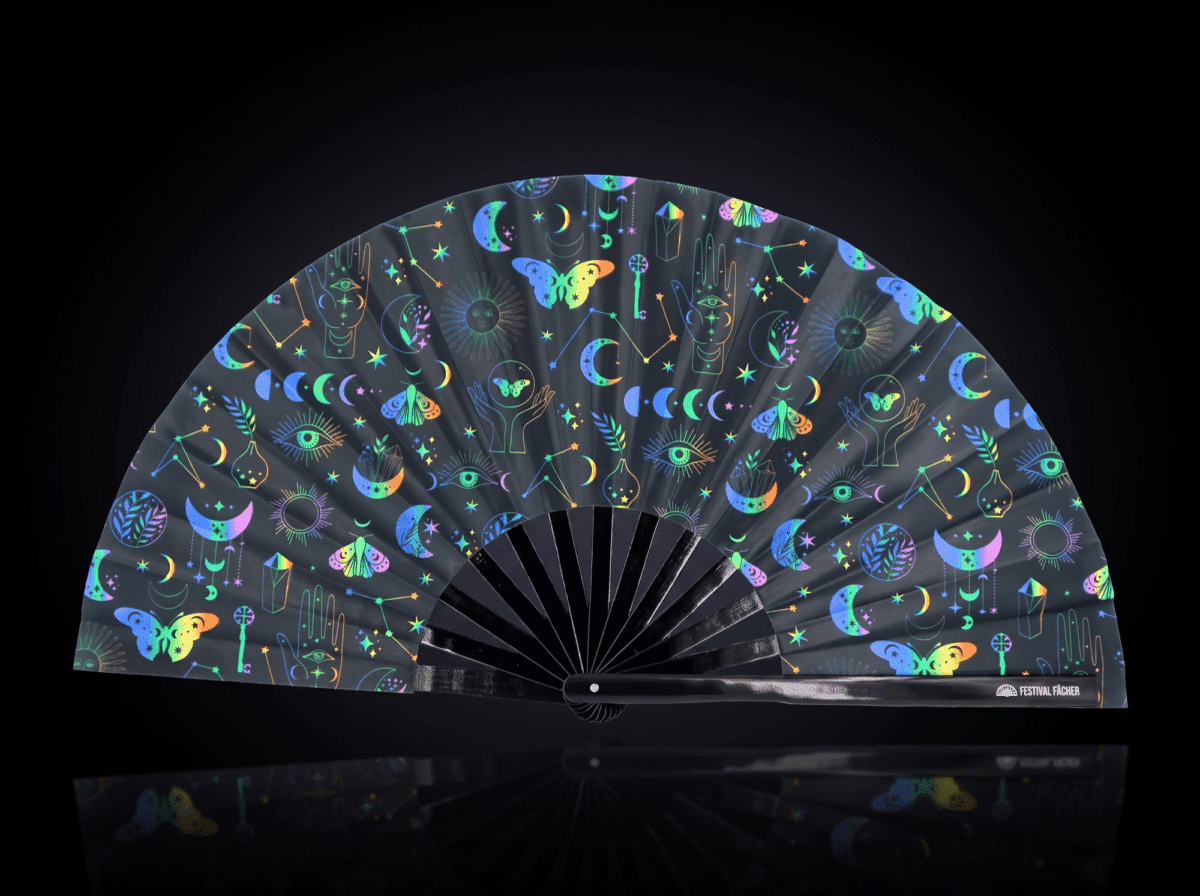 Festival Fans met maan & vlinders, regenboog op zwart, voor festivals & boho