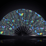 Festival Fans met maan & vlinders, regenboog op zwart, voor festivals & boho, Weergave 1