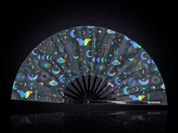 Festival Fans met maan & vlinders, regenboog op zwart, voor festivals & boho