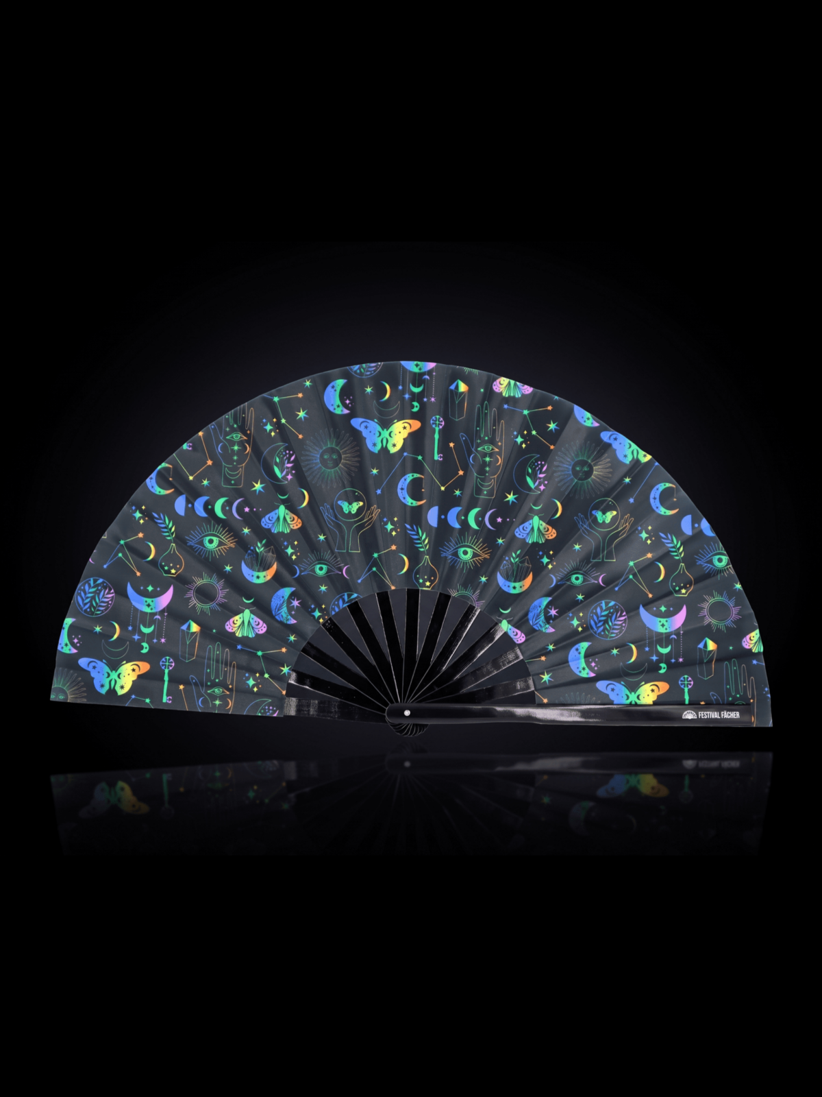 Festival Fans met maan & vlinders, regenboog op zwart, voor festivals & boho