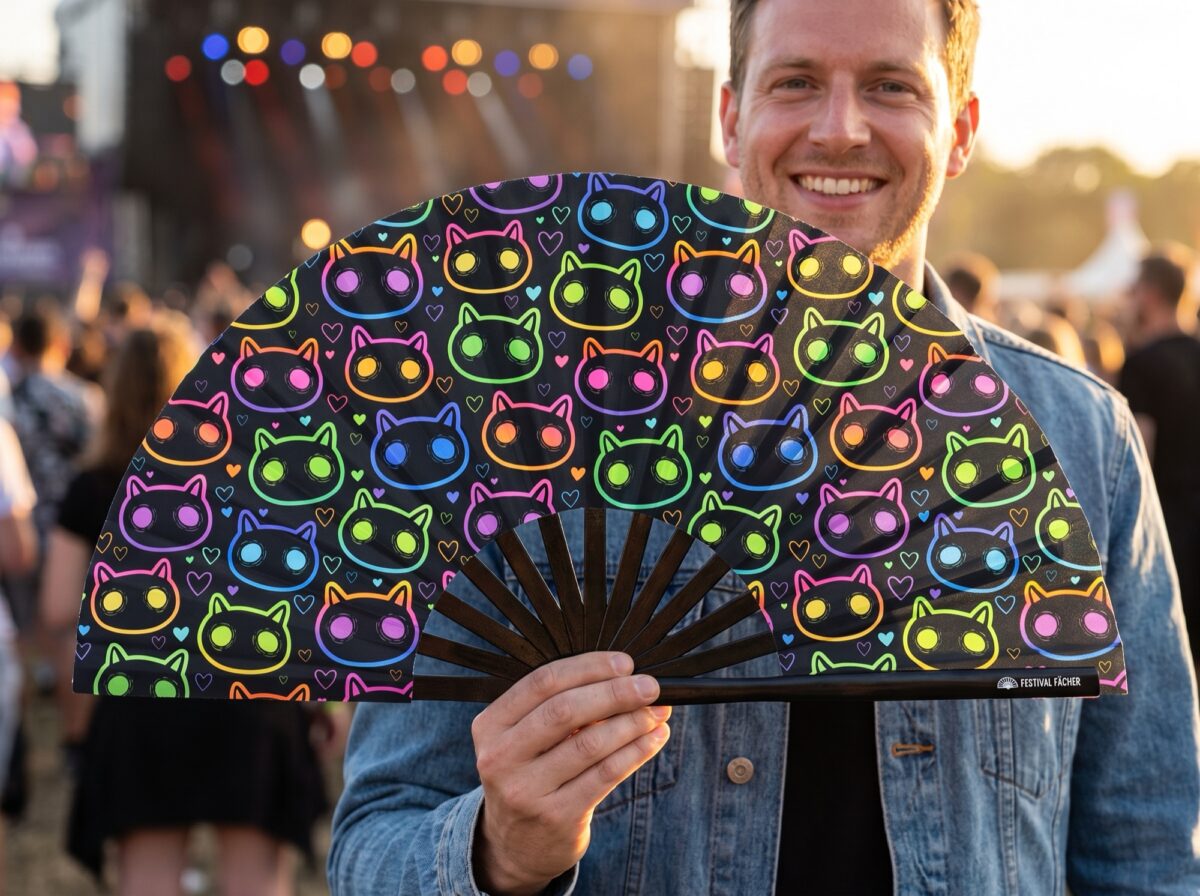 Festival Fans met neonkatten, zwart, voor raves en festivals, Weergave 3