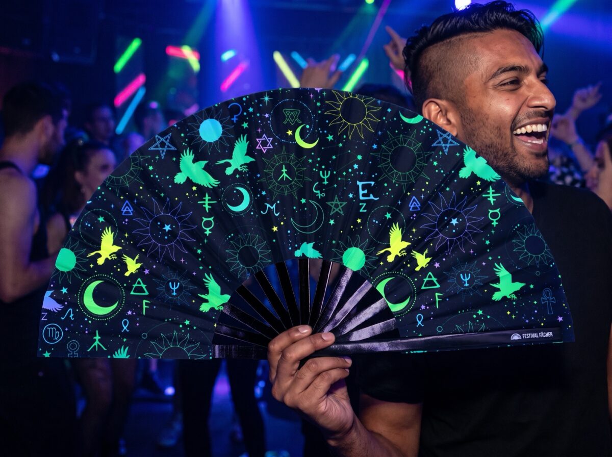 Festival Fans met occulte symbolen, neonzwart, voor psytrance & Rave, Weergave 2