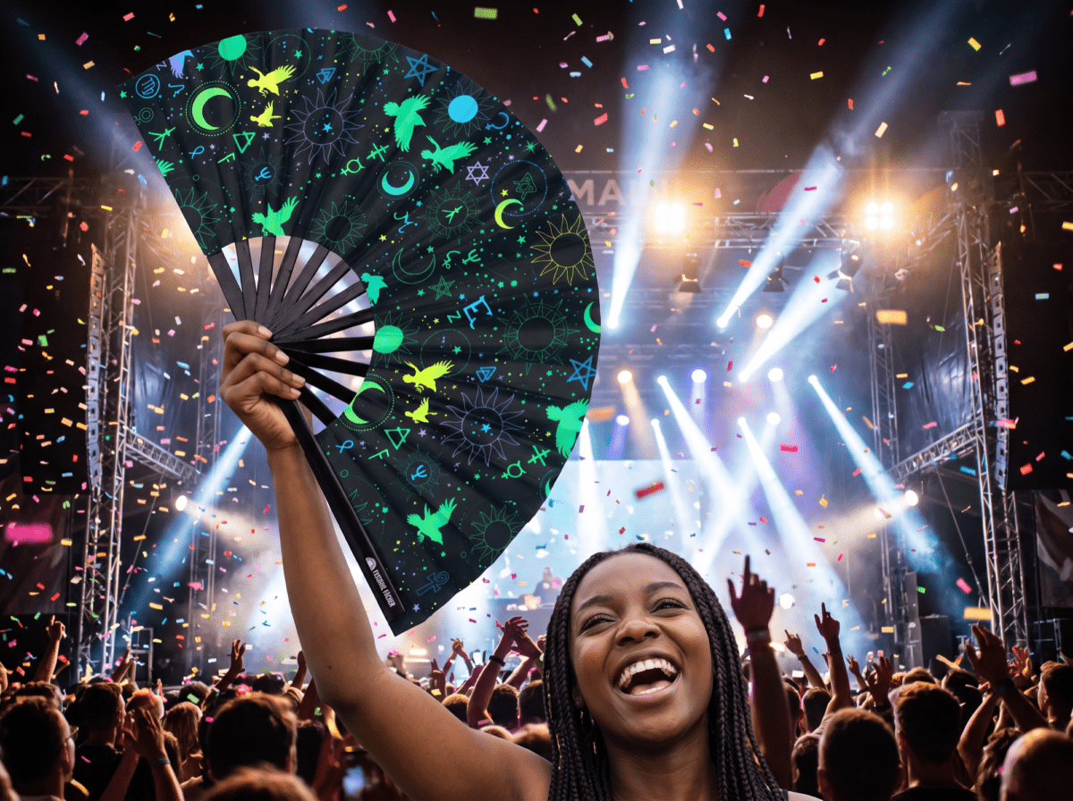 Festival Fans met occulte symbolen, neonzwart, voor psytrance & Rave, Weergave 4