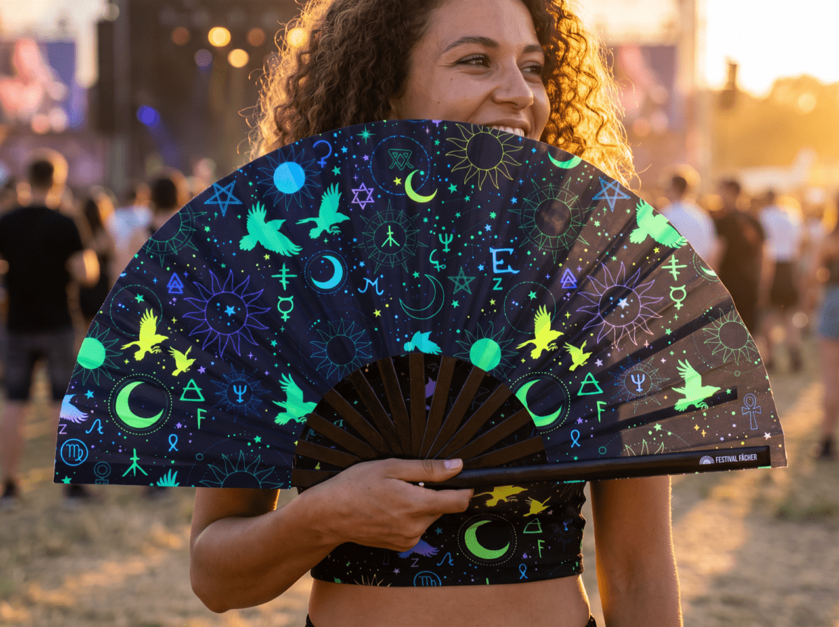 Festival Fans met occulte symbolen, neonzwart, voor psytrance & Rave, Weergave 3
