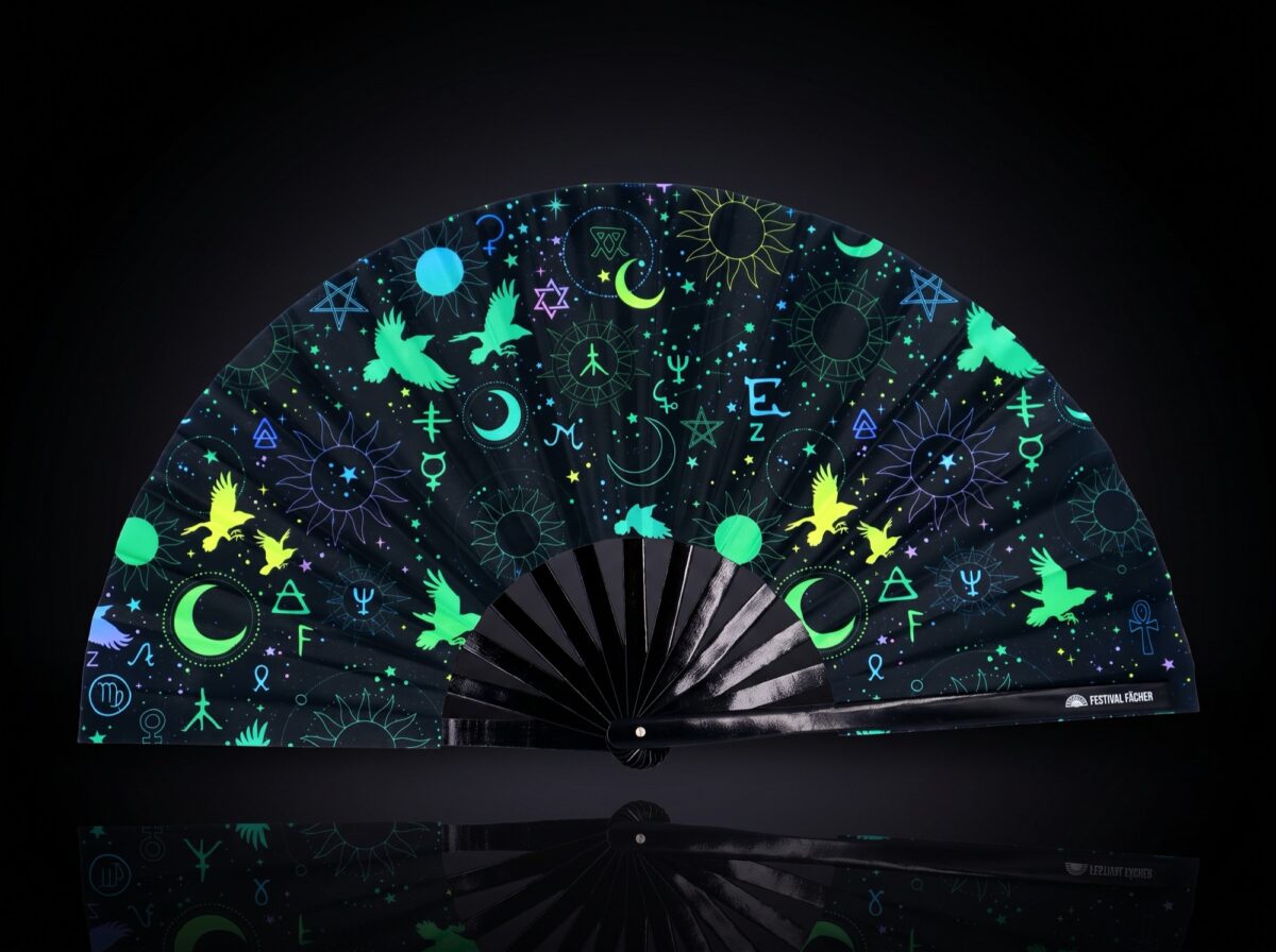 Festival Fans met occulte symbolen, neonzwart, voor psytrance & Rave