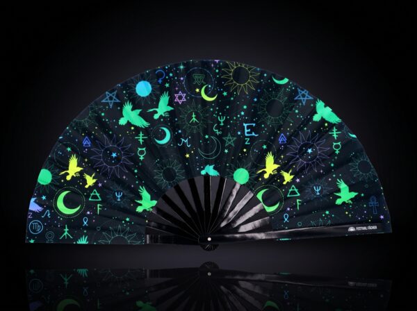 Festival Fans met occulte symbolen, neonzwart, voor psytrance & Rave
