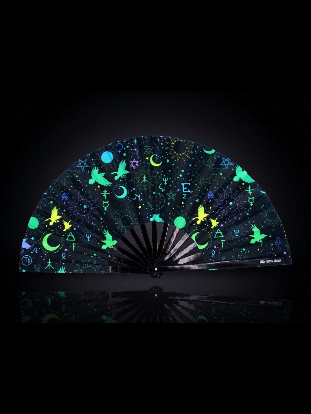 Festival Fans met occulte symbolen, neonzwart, voor psytrance & Rave