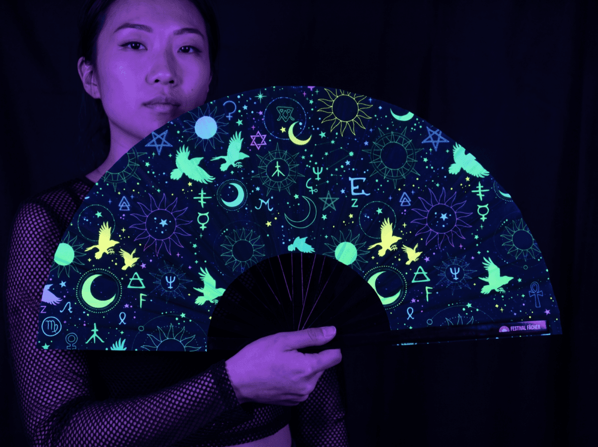 Festival Fans met occulte symbolen, neonzwart, voor psytrance & Rave Rave (UV)