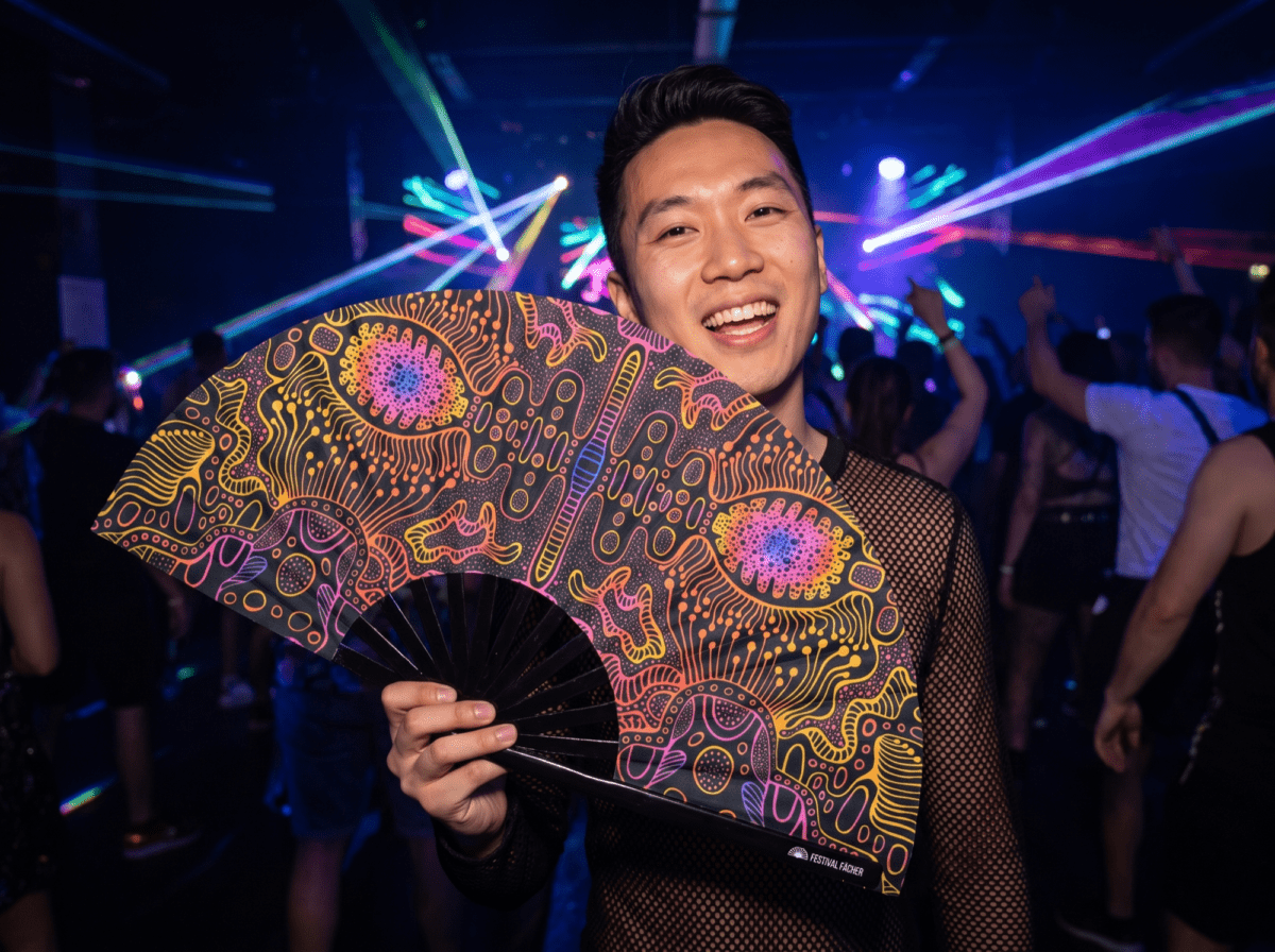 Festival Fan met neonornamenten in zwart voor psytrance & goa, Weergave 2