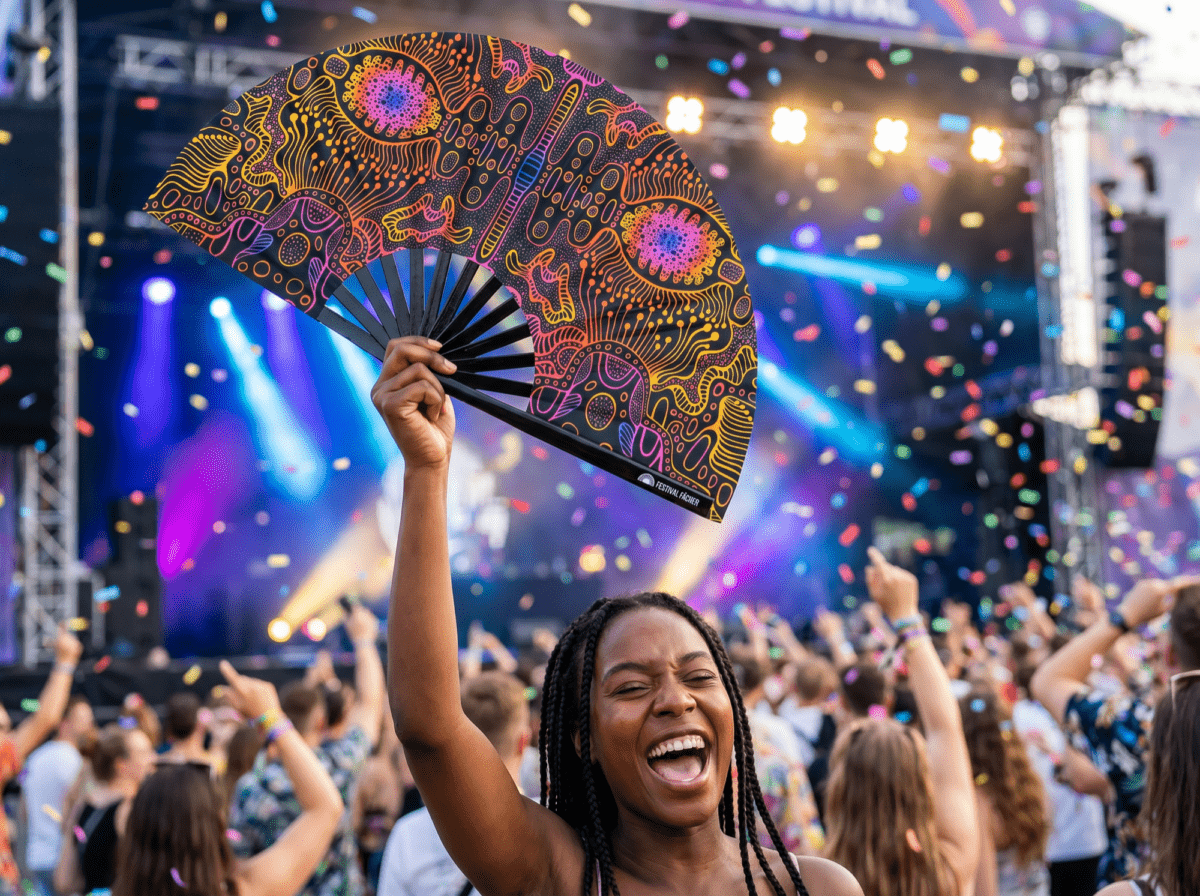 Festival Fan met neonornamenten in zwart voor psytrance & goa, Weergave 4