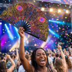 Festival Fan met neonornamenten in zwart voor psytrance & goa, Weergave 4