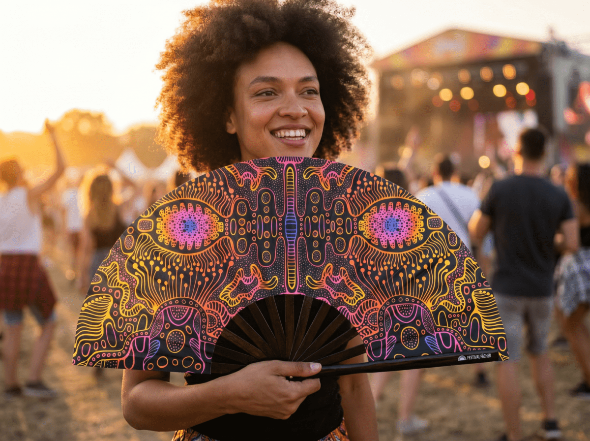 Festival Fan met neonornamenten in zwart voor psytrance & goa, Weergave 3