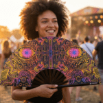 Festival Fan met neonornamenten in zwart voor psytrance & goa, Weergave 3