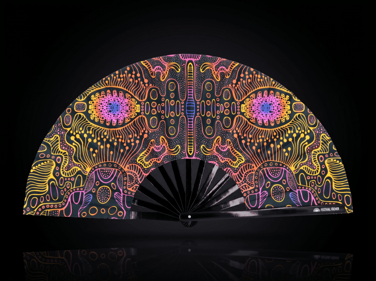 Festival Fan met neonornamenten in zwart voor psytrance & goa