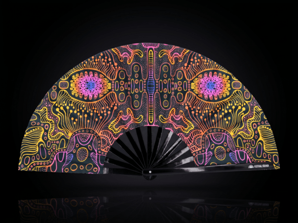 Festival Fan met neonornamenten in zwart voor psytrance & goa