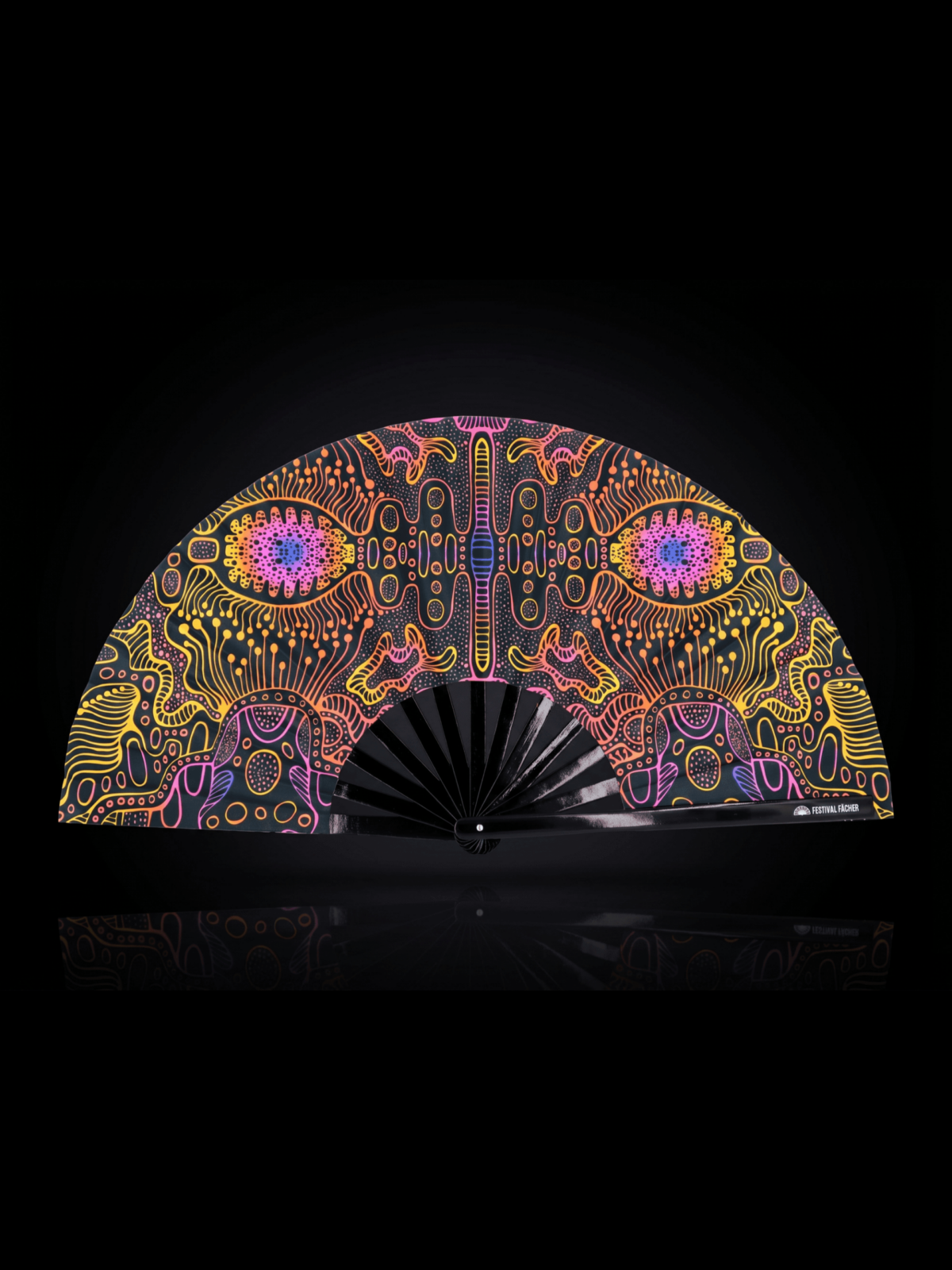 Festival Fan met neonornamenten in zwart voor psytrance & goa