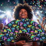 Festival Fans met neonpaddenstoelen, kleurrijk op zwart, voor psytrance & goa, Weergave 4
