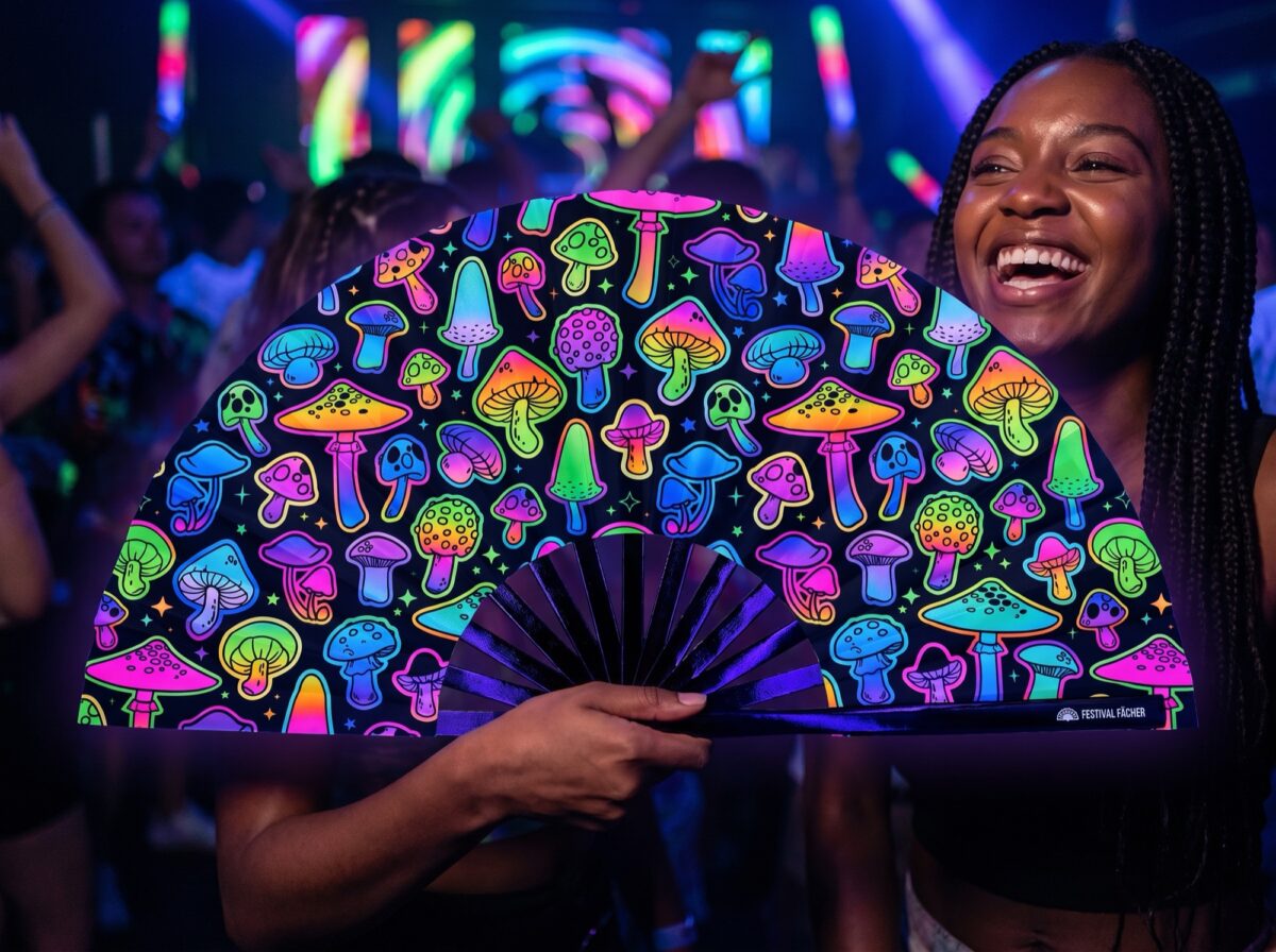 Festival Fans met neonpaddenstoelen, airbrush, zwart, voor Goa & psytrance, Weergave 2