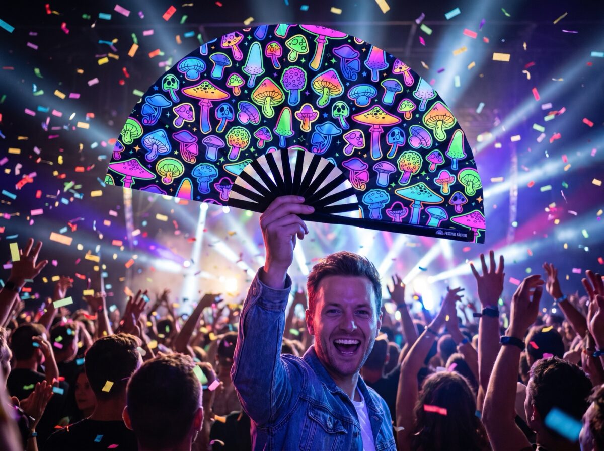 Festival Fans met neonpaddenstoelen, airbrush, zwart, voor Goa & psytrance, Weergave 4