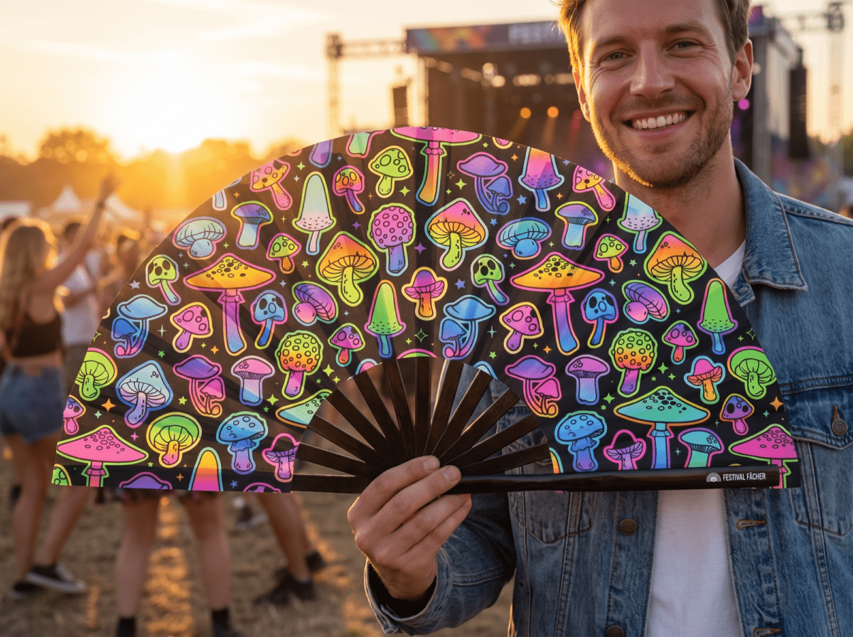 Festival Fans met neonpaddenstoelen, airbrush, zwart, voor Goa & psytrance, Weergave 3