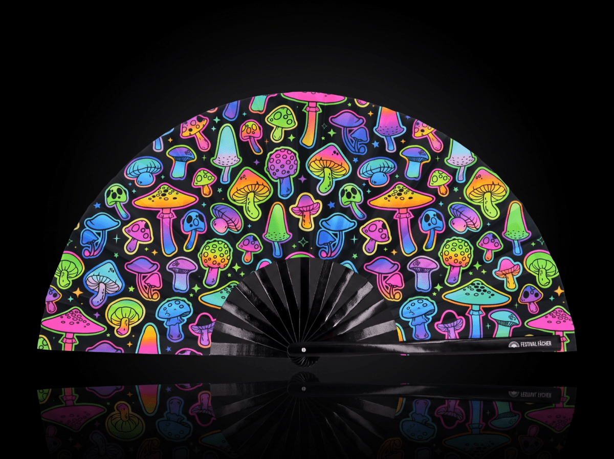 Festival Fans met neonpaddenstoelen, airbrush, zwart, voor Goa & psytrance