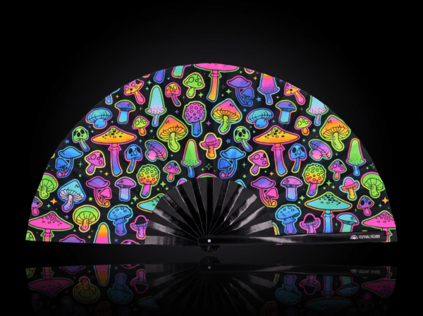 Festival Fans met neonpaddenstoelen, airbrush, zwart, voor Goa & psytrance