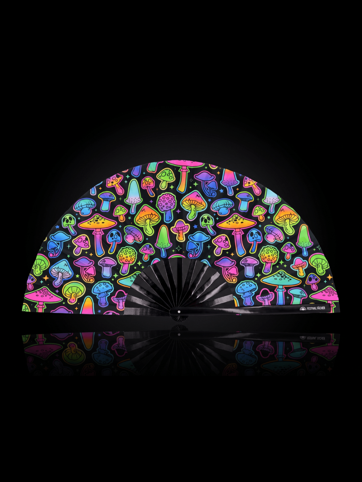 Festival Fans met neonpaddenstoelen, airbrush, zwart, voor Goa & psytrance