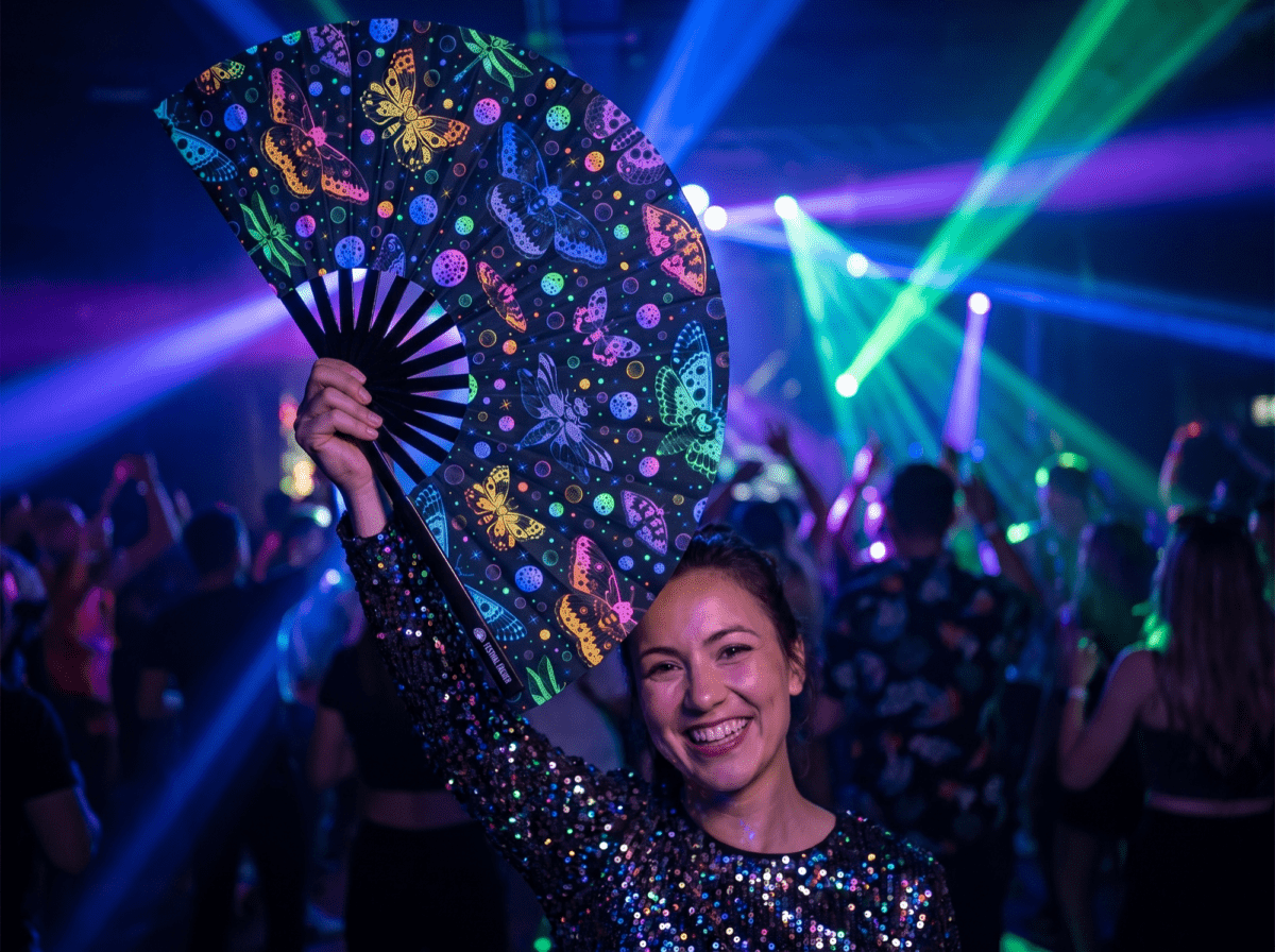 Festival Fan met neonvlinders, zwart, voor Rave en blacklight, Weergave 2